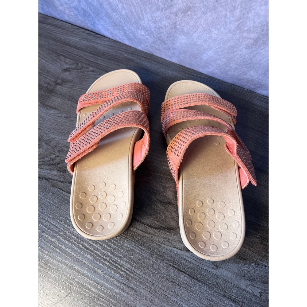Vionic Peach Rhinestone 3-strap Adjustable Slide Orthotic Sandals Women's Size - Picture 2 of 5